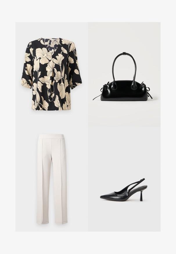 Blusa negra con un patrón floral en beige, confeccionada en tejido ligero. Tiene un corte relajado y mangas cortas con un sutil detalle de pliegue.; Pantalones de pierna ancha color beige claro, confeccionados en una tela suave, con una cintura alta, dos pliegues frontales y un acabado limpio y a medida.; Zapato de tacón alto negro de cuero con puntera afilada y tacón delgado sobre un fondo blanco.; Pequeño bolso negro brillante con dos asas largas y detalles de cordón lateral sobre un fondo claro liso.