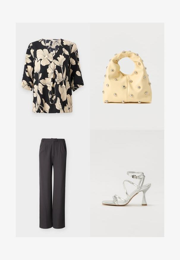 Zwarte blouse met een bloemenpatroon in beige, gemaakt van lichte stof. Het heeft een ontspannen pasvorm en korte mouwen met een subtiele plooidetail.; Donkergrijze, wijde broek met hoge taille, voorplooien, zijzakken, riemlussen en een knoopsluiting bij de tailleband.; Zilveren sandaal met hoge hakken, gekenmerkt door meerdere kruislingse banden, een gespsluiting bij de enkel en een sculpturale hak, met een glanzende metallic afwerking.; Zachte gele handtas met een ronde handgreep, versierd met gelijkmatig geplaatste kleine zilveren metalen studs op een glad oppervlak.