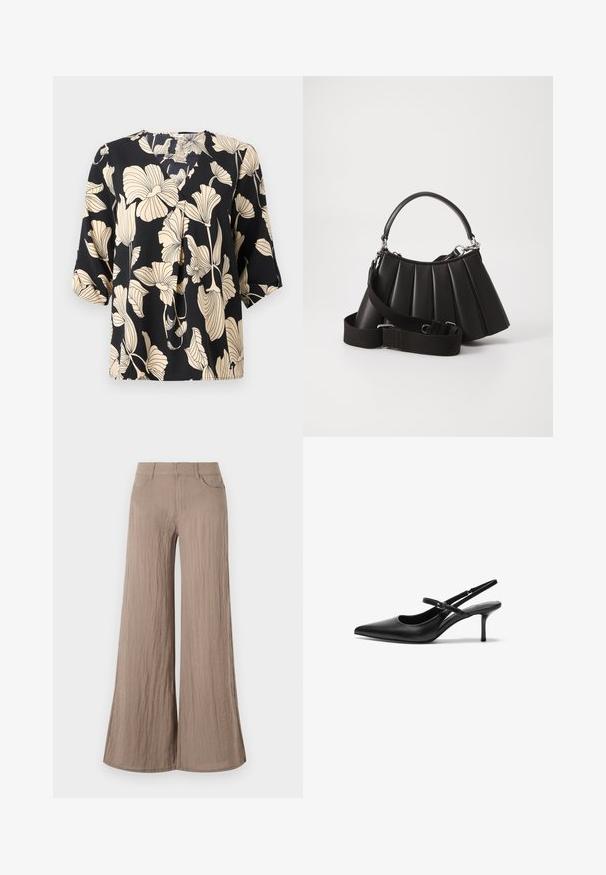 Zwarte blouse met een bloemenpatroon in beige, gemaakt van lichte stof. Het heeft een ontspannen pasvorm en korte mouwen met een subtiele plooidetail.; Lichtbruine wijde broek met een gestructureerde afwerking, met een hoge taille, zijzakken en een vloeiende, losse pasvorm.; Zwarte leren slingback hakken met een puntige neus, slanke verstelbare band en een ongeveer 5 cm hoge stiletto hak, met een gladde textuur.; Zwarte geplooide handtas met een ronde handgreep, verstelbare schouderriem en glanzende textuur. Heeft zilveren hardware en een gestructureerde silhoutte.