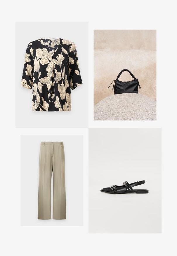 Zwarte blouse met een bloemenpatroon in beige, gemaakt van lichte stof. Het heeft een ontspannen pasvorm en korte mouwen met een subtiele plooidetail.; Wijde broek met een zachte beige stof, voorzien van een flatte voorkant, riemlussen en een gladde textuur. Standaard tailleband zonder zichtbare patronen.; Even&Odd by Zalando Slingback ballerina´s - black; Zwarte gerimpelde handtas met een samengevoegde handvat, rustend op een gestructureerde stenen bol tegen een beige betonnen muur.