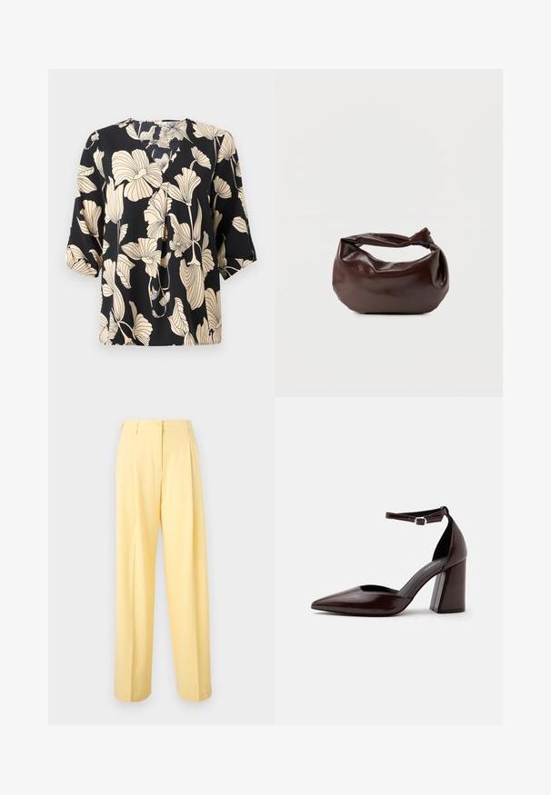 Zwarte blouse met een bloemenpatroon in beige, gemaakt van lichte stof. Het heeft een ontspannen pasvorm en korte mouwen met een subtiele plooidetail.; Lichtgele broek met hoge taille, knoop- en ritssluiting, rechte brede pijpen en een vlak voorpand.; Donkerbruine leren pumps met puntige neus, hoge hak, enkelbandje en zilveren gesp op een witte achtergrond.; Donkerbruine leren schoudertas met een zachte, slungelige vorm en een gedraaide knoopvormige handgreep op een effen witte achtergrond.