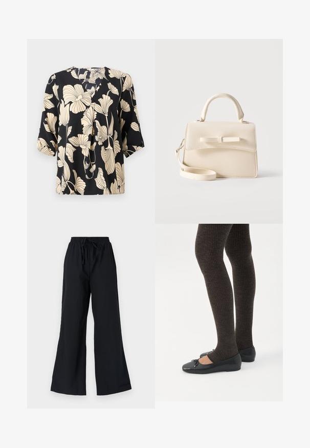 Blusa negra con un patrón floral en beige, confeccionada en tejido ligero. Tiene un corte relajado y mangas cortas con un sutil detalle de pliegue.; Pantalones de pierna ancha negros, hechos de un tejido ligero, que cuentan con una cinturilla elástica con cordón y una textura suave.; Piernas con leggings oscuros acanalados combinados con bailarinas negras que presentan pequeños detalles de lazo sobre un fondo blanco.; Pequeño bolso beige con asa superior, correa desmontable, solapa frontal y lazo decorativo horizontal sobre un fondo liso.