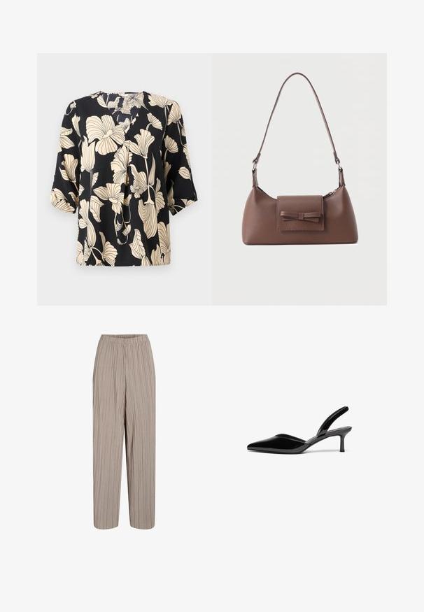 Zwarte blouse met een bloemenpatroon in beige, gemaakt van lichte stof. Het heeft een ontspannen pasvorm en korte mouwen met een subtiele plooidetail.; Beige broek met wijde pijpen, verticale plooien en een elastische tailleband, geschikt voor casual of formeel gebruik.; Zwarte gepolijste leren slingback hakken met een puntige neus, een lage stiletto hak en een elegant, eenvoudig ontwerp zonder versieringen.; Bruine leren schoudertas met een voorvak met klep en een gestikte strikdetail en een verstelbare band.