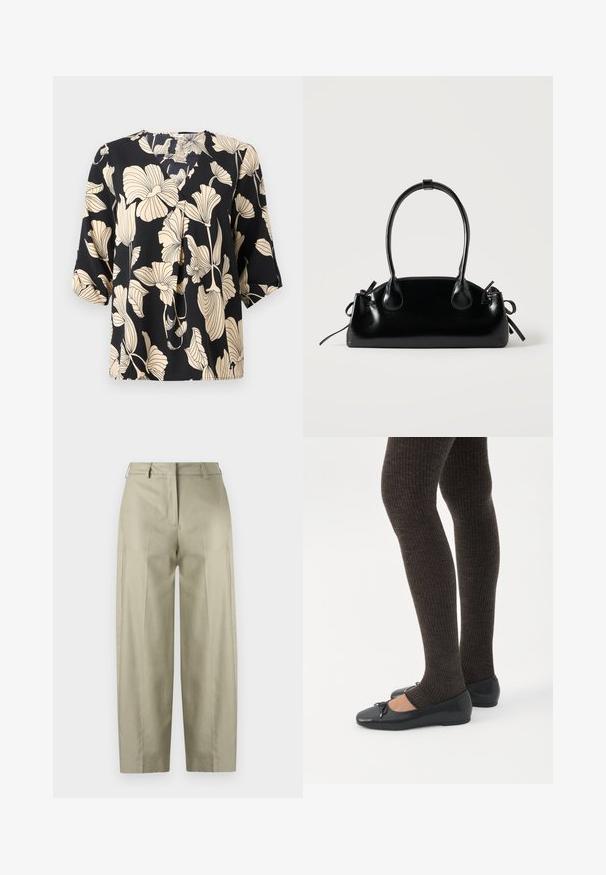 Blusa negra con un patrón floral en beige, confeccionada en tejido ligero. Tiene un corte relajado y mangas cortas con un sutil detalle de pliegue.; Pantalones anchos beige fabricados con tela suave. Presentan pliegues, cremallera y trabillas para cinturón. Corte recto desde la cintura hasta el dobladillo.; Piernas con leggings oscuros acanalados combinados con bailarinas negras que presentan pequeños detalles de lazo sobre un fondo blanco.; Pequeño bolso negro brillante con dos asas largas y detalles de cordón lateral sobre un fondo claro liso.