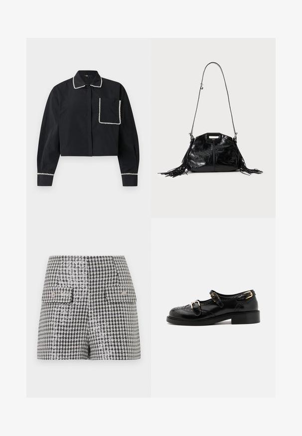 Chemise noire à manches longues et courte, dotée d'une poche avant, d'un col et de poignets ornés de perles blanches imitant des perles.; Mini-jupe à motif pied-de-poule noir et blanc avec deux poches avant à rabat et boutons décoratifs.; Chaussures en cuir noir avec détails de brogue, dotées de deux sangles à boucle, d'un bout arrondi et d'un talon bas. Texture lisse avec finition brillante.; Sac à main en cuir noir brillant avec une longue fine bandoulière et des pompons à franges des deux côtés sur un fond clair.