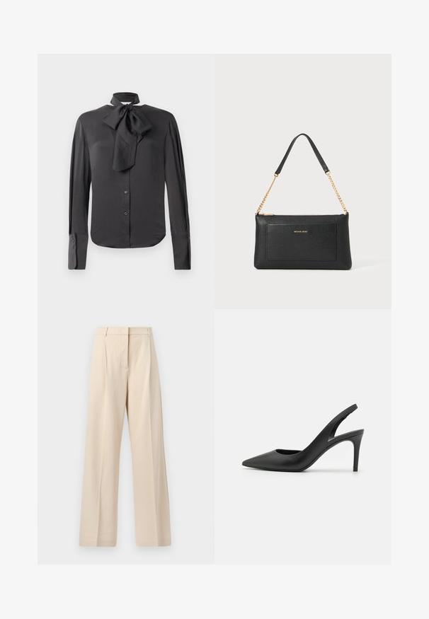 Blouse noire en tissu lisse, avec un col à nœud, des manches longues, une fermeture à boutons à l'avant et des détails aux poignets.; Pantalon beige taille haute à jambes larges avec plis sur le devant et fermeture éclair dissimulée, fabriqué en tissu texturé.; Escarpins à talon aiguille en cuir noir, avec un design à bout pointu, présentant une découpure à l'avant et un talon fin.; Pochette en cuir noir avec une texture en relief, bandoulière en chaîne dorée et une poche avant. Elle arbore un logo doré sur le devant.