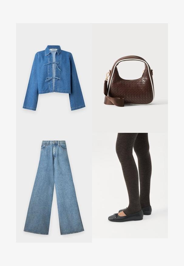 Geknipt blauwe denimjas met een kraag, lange mouwen en een centraal geplaatste toggelsluiting. Gladde textuur, minimale stikseldetails.; Good American PANELED WIDE LEG - Wide leg - indigo; Benen met donkere geribbelde leggings gecombineerd met zwarte ballerina's met kleine strikdetails op een witte achtergrond.; Bruine geweven leren handtas met witte bies, gouden ritssluiting en afneembare bruine stoffen schouderriem.