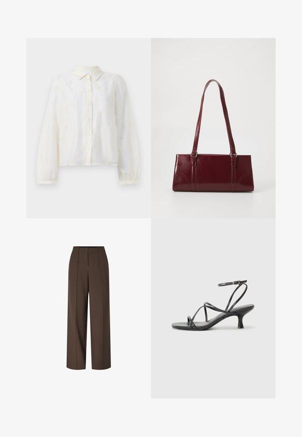 Camisa blanca bordada con mangas largas, cierre de botones en el frente y cuello. Pequeños patrones florales decoran la tela.; Pantalones marrones de tiro alto y pierna ancha con detalles de costura frontal y cierre delantero oculto, mostrados sobre un fondo blanco liso.; Sandalias negras de tacón con tiras finas, diseño de punta abierta y un pequeño tacón acampanado. El material parece suave y brillante.; Bolso burdeos hecho de material brillante, de forma rectangular, con dos asas para el hombro y sutiles acentos curvados en la parte frontal.