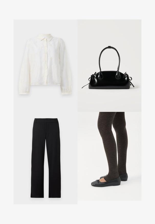 Camisa blanca bordada con mangas largas, cierre de botones en el frente y cuello. Pequeños patrones florales decoran la tela.; Pantalones negros de pierna recta con trabillas para cinturón y cremallera en la parte delantera, mostrados sobre un fondo blanco.; Piernas con leggings oscuros acanalados combinados con bailarinas negras que presentan pequeños detalles de lazo sobre un fondo blanco.; Pequeño bolso negro brillante con dos asas largas y detalles de cordón lateral sobre un fondo claro liso.