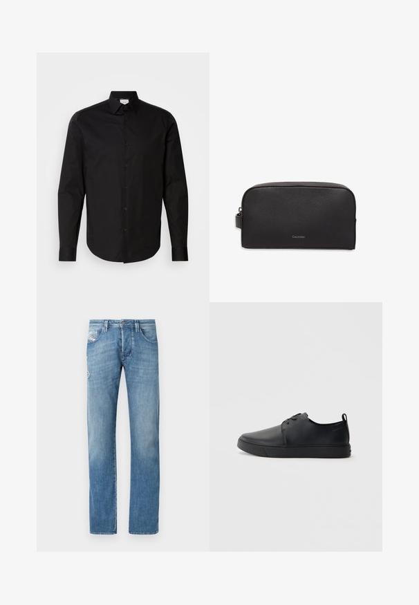 Sort langærmet skjorte med knapper, lavet af glat bomuldsstof. Har en klassisk krave, frontknapper og en buet nederkant.; Lyseblå denimjeans med lige ben, der har knaplukning, fem lommer og diskrete syningsdetaljer på baglommerne.; Sorte lædersneakers med en glat finish, rund tå, tonalt syning, snøring foran og en flad gummisål. Løkke ved hælen.; Sort tekstureret læderpung med lynlås, sidelomme og lille Calvin Klein-logo centreret nær bunden.