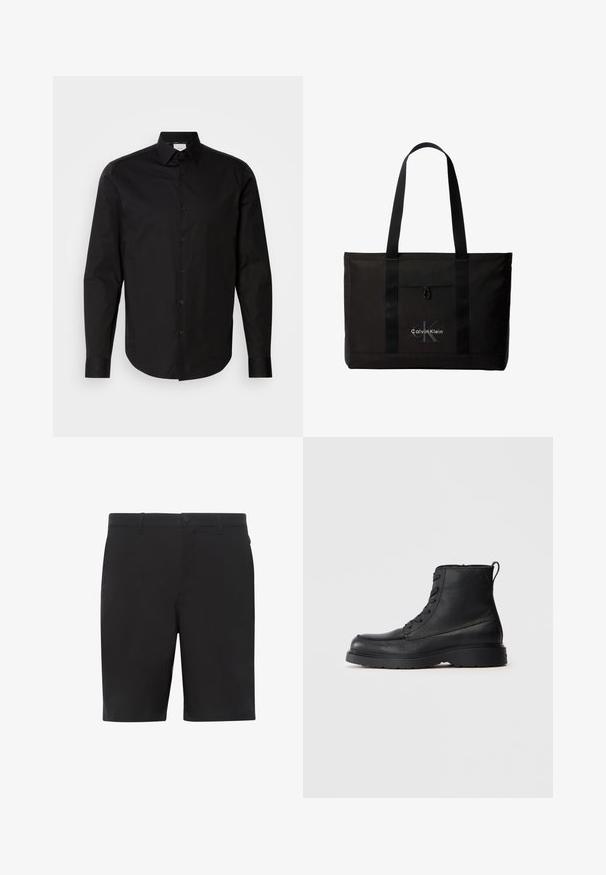 Chemise à manches longues noire avec boutons, fabriquée en coton lisse. Présente un col classique, des boutons sur le devant et un ourlet arrondi.; Shorts noirs en tissu léger, dotés d'un devant plat, d'une ceinture standard et de poches latérales. Texture lisse sans motifs apparents.; Botte à lacets en cuir noir texturé, avec une semelle épaisse et une languette à l'arrière, vue de côté.; Sac cabas noir Calvin Klein avec deux longues poignées et une poche avant, avec le logo de la marque en blanc et gris.