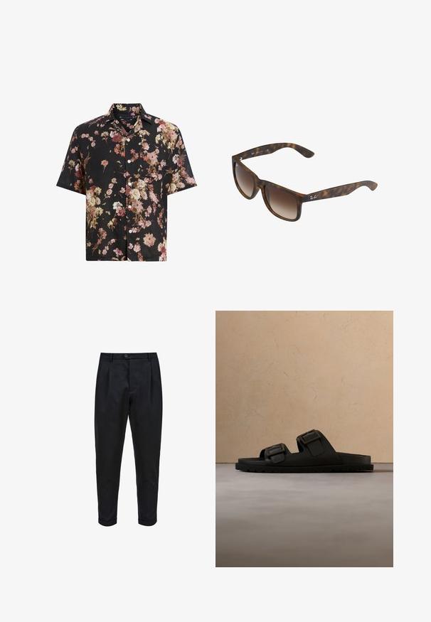 Zwart shirt met korte mouwen met een bloemenpatroon in tinten roze, crème en bordeauxrood. Gemaakt van lichtgewicht materiaal met een knoopsluiting.; Zwarte broek van een gladde stof, met een geplooide voorkant, taps toelopende pasvorm en opgerolde mouwen. Eenvoudige knoopsluiting bij de taille.; Zwarte slipper met twee verstelbare zilveren gespen, rustend op een beige gestructureerd tapijt, vlakbij een ronde houten koffietafel met gestapelde boeken.; Kattenoog zonnebril met bruine gradient lenzen, rechthoekige vorm, dikke monturen en een zilveren logoaccent aan de zijkant.