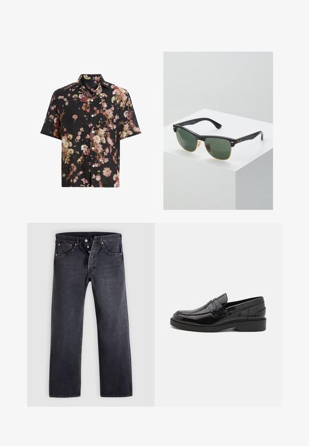 Zwart shirt met korte mouwen met een bloemenpatroon in tinten roze, crème en bordeauxrood. Gemaakt van lichtgewicht materiaal met een knoopsluiting.; Zwarte spijkerbroeken met een rechte pasvorm, ontwerp met vijf zakken en koperen knoopaccenten. Gladde textuur met een licht vervaagde afwerking.; Zwarte leren instappers met een gladde afwerking, ronde neus, lage hak en decoratieve stiksels aan de voorkant. Rubberen buitenzool voor grip.; Ray-Ban zonnebrillen met groene lenzen, zwarte plastic monturen en gouden accenten aan de randen. Vierkante vorm met een matte afwerking.