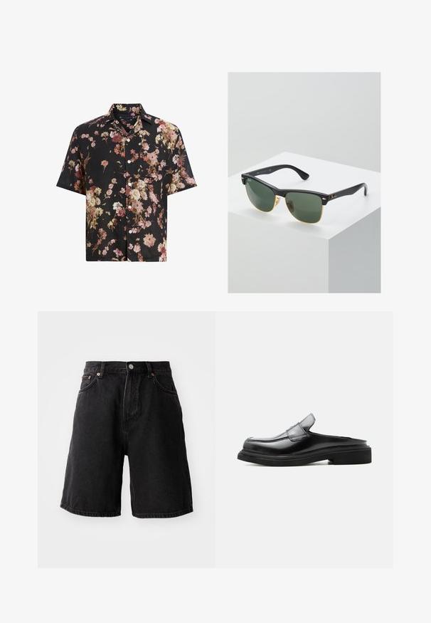 Schwarzes T-Shirt mit kurzen Ärmeln und floralem Muster in den Farbtönen Pink, Creme und Burgunder. Aus leichtem Material mit Knopfverschluss.; Schwarze Jeans-Shorts mit lockerer Passform, ausgestattet mit kupferfarbenen Beschlägen, fünf Taschen und einem geraden Saum. Der Stoff hat eine weiche, strukturierte Oberfläche.; Schwarzer Lederloafer mit offenem Hacken, niedrigem Absatz und gesteppten Details entlang des Obermaterials und der Sohle, seitlich auf weißem Hintergrund abgebildet.; Ray-Ban Sonnenbrillen mit grünen Gläsern, schwarzen Kunststoffrahmen und goldenen Akzenten an den Rändern. Quadratische Form mit matter Oberfläche.