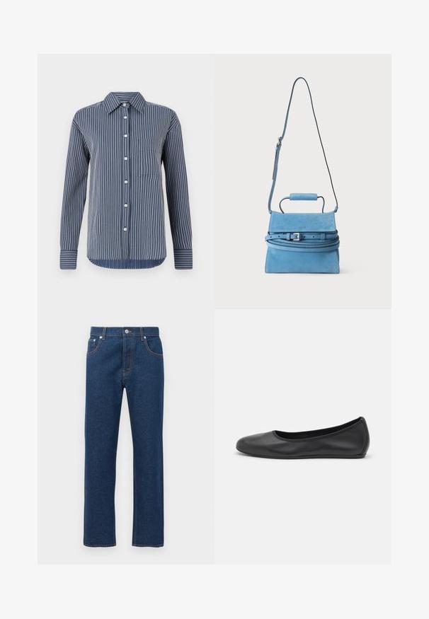 Chemise à boutons en rayures bleu marine et blanches, à manches longues, avec une poche poitrine unique et un col classique, fabriquée en tissu léger.; Jean en denim bleu foncé à jambes droites avec poches avant et arrière, passants de ceinture, fermeture à bouton et couture orange visible.; Ballerines en cuir noir avec un bout rond, texture lisse, détails de couture minimalistes et design de semelle flexible.; Sac à main en daim bleu avec poignée supérieure, bandoulière longue réglable et détail boucle argentée sur la fermeture à rabat.