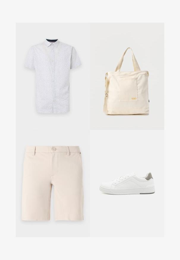 Camisa de manga corta abotonada en azul claro con un pequeño patrón de puntos negros, que presenta un cuello puntiagudo y un dobladillo recto.; Pantalones cortos beige de tela suave; cuentan con un cierre de botón, presillas para cinturón y un diseño frontal limpio con aberturas de pierna recta.; Zapatilla blanca con material de cuero liso, punta redonda, diseño minimalista, acento gris en el talón y suela de goma texturizada.; Bolsa tote de lona color crema con bolsillo delantero, dos asas, correa de hombro ajustable y pequeño texto amarillo "O.N.S" en la parte inferior derecha del bolsillo.