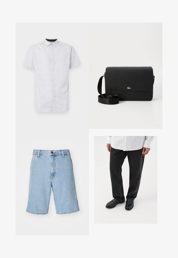Kortærmet skjorte med knaplukning i lyseblå med små sorte prikker, der har spids krave og lige kanten.; Lysblå denim shorts med en afslappet pasform, der har lynlås og knaplukning samt fire lommer. Stoffet har en glat tekstur.; Sorte denimbukser parret med skinnende sorte loafers. Skjorten er hvid med tynde lodrette striber, har lange ærmer og en knapkrave.; Sort læder crossbody taske med en glat overflade, en frontklap, sølv logo accent og en justerbar stofrem.