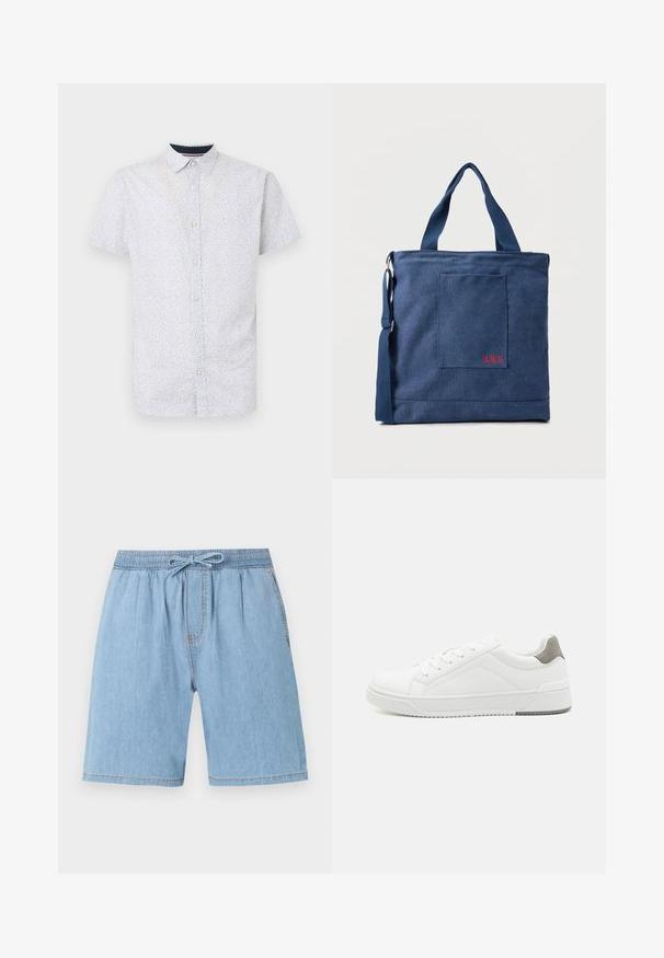Kortærmet skjorte med knaplukning i lyseblå med små sorte prikker, der har spids krave og lige kanten.; Lyseblå denim shorts med elastisk talje, snøre lukning, plisseringer foran og lige ben.; Hvid sneaker lavet af glat læder, rund tå, minimalistisk design, grå hælafsats og tekstureret gummisål.; Blå lærredstote taske med frontlomme og rød "O.N.S" broderi, med to håndtag og en justerbar skulderrem.