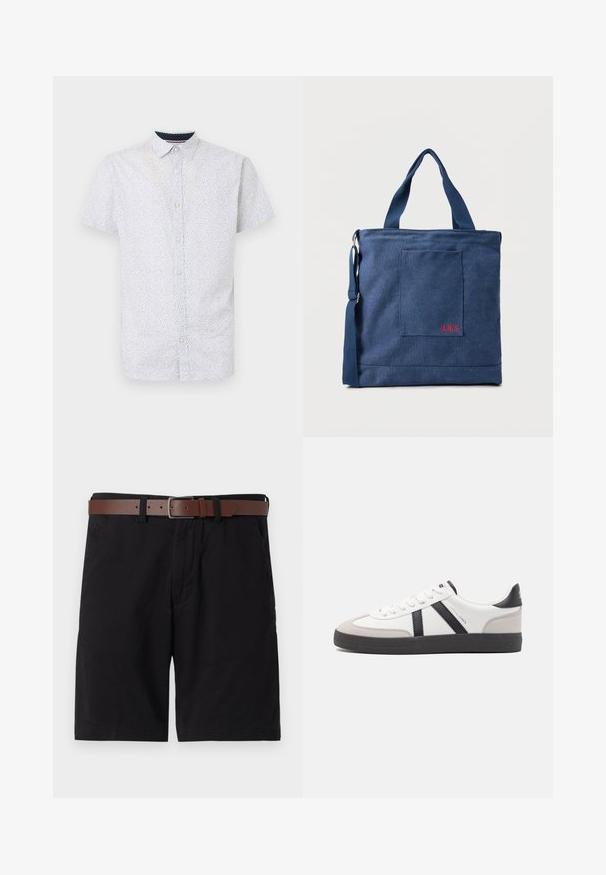 Camisa de manga corta abotonada en azul claro con un pequeño patrón de puntos negros, que presenta un cuello puntiagudo y un dobladillo recto.; Pantalones cortos de algodón negros con un cinturón de cuero marrón. El diseño incluye bolsillos frontales y un corte recto con dobladillos acabados.; Zapatilla blanca con acentos en negro y gris, que presenta una puntera texturizada en gris, suela de goma negra y cordones planos blancos. Diseño limpio, estilo minimalista.; Bolso tote de lona azul con bolsillo frontal y bordado rojo "O.N.S", con asas dobles y una correa ajustable para el hombro.