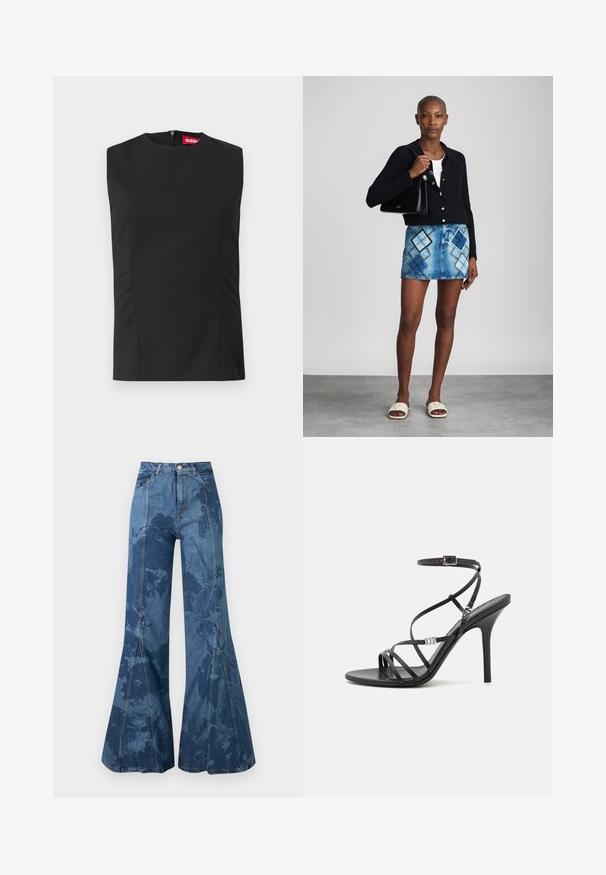 Zwart mouwloos topje met hoge hals, voorste naden en een onzichtbare rits aan de achterkant. Gemaakt van gladde stof met een gestructureerde pasvorm.; Blauwe jeans met hoge taille en wijde pijpen, met vervaagde abstracte patronen, voorzakken en een knoopsluiting, afgebeeld op een effen achtergrond.; Zwarte hoge hakken sandaal met dunne banden, een enkelgesp, een gladleren oppervlak en een slanke stilettohak.; Zwarte gebreide cardigan, witte top, denimrok met blauw en zwart ruitpatroon, zwarte handtas en beige instapsandalen.