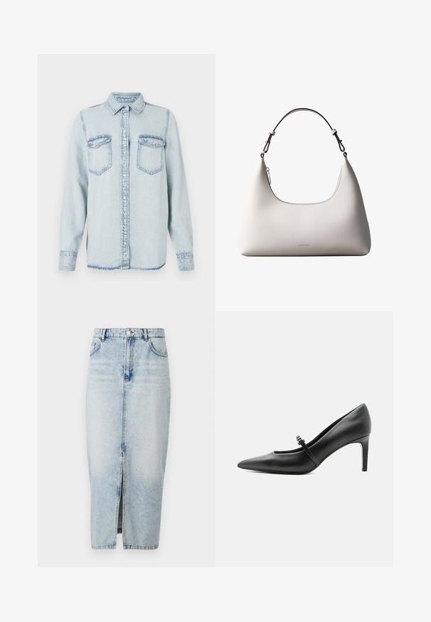 Lichtblauwe spijkerblouse met een puntige kraag, knoopsluiting aan de voorkant en twee borstzakken. Heeft gestikte details en een licht uitgerafelde zoom.; Lichtblauwe denimrok met een voorknop, hoge taille, vijf zakken en zichtbare stiksels. Heeft een klassiek ontwerp en een gladde textuur.; Zwarte leren pumps met puntige neus, dunne riem en gesp over de wreef, staand op een neutrale lichte achtergrond.; Romige Calvin Klein leren schoudertas met gebogen bovenrand, zilveren rits en donkerbruine verstelbare riem.