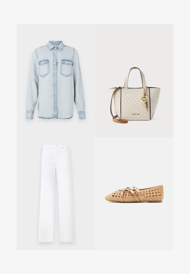 Lysblå denimskjorte med spids krave, knaplukning og to brystlommer. Har en syet detalje og en let frynset kant.; Hvide denimjeans med lige ben, der har et klassisk fem-lomme-design og en lukning med metalknap. Glat tekstur uden synlige mønstre.; Lysebrun vævet læderflad sko med spids tå og tre spænderemme langs oversiden mod en hvid baggrund.; Beige lærreds-totetaske med guldfarvet hardware, der har et tekstureret logomønster, en aftagelig rem og korte håndtag. Guldfarvet logocharme som accent.