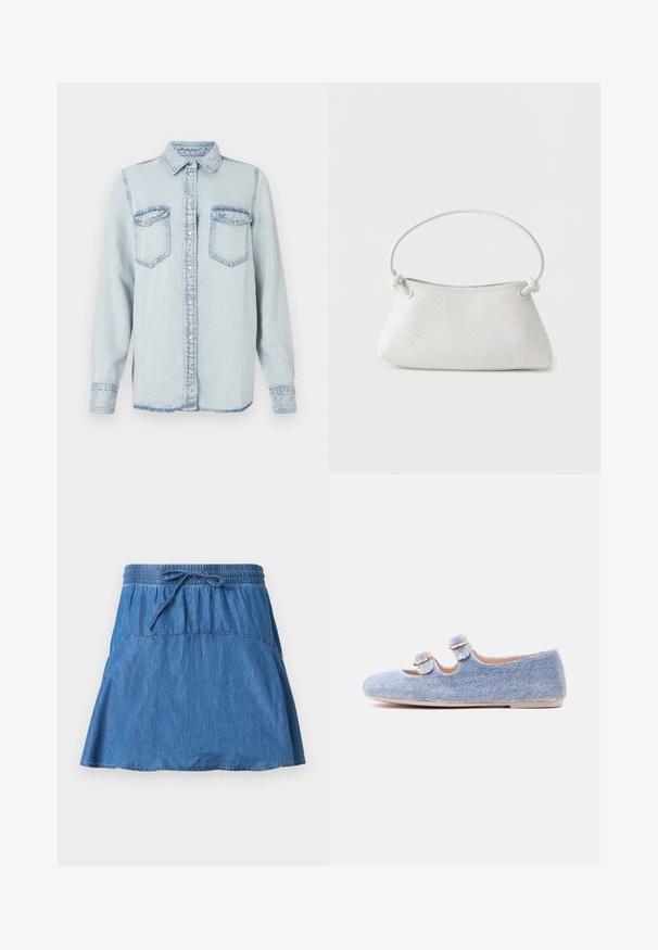 Lysblå denimskjorte med spids krave, knaplukning og to brystlommer. Har en syet detalje og en let frynset kant.; Blå denimnederdel med elastisk taljebånd og snørelukning, A-formet silhuet og synlige sømdetaljer på en ensfarvet baggrund.; Lyseblå denim flad sko med to justerbare spænderemme og en beige sål, vist i sideprofil på en hvid baggrund.; Hvid fletlæderhåndtaske med afrundet håndtag og ender på remmen, der er knyttet, vist mod en ensfarvet baggrund.