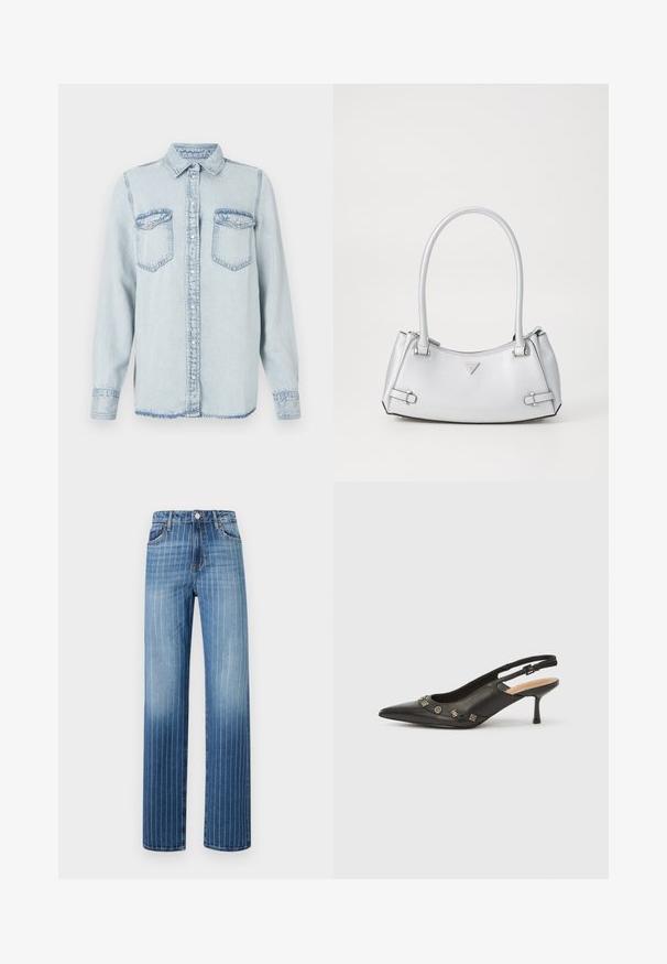 Lysblå denimskjorte med spids krave, knaplukning og to brystlommer. Har en syet detalje og en let frynset kant.; Lysblå denim jeans med lodrette hvide striber, lige ben-design, fem lommer og knaplukning i taljen.; Sort slingback-pumpe i læder med spids tå, lille hæl og dekorative metalakcenter langs frontåbningen. Glat tekstur.; Sølv håndtaske med et struktureret design, der har to håndtag, en skinnende overflade, accenthardware og et trekantet logo på fronten.