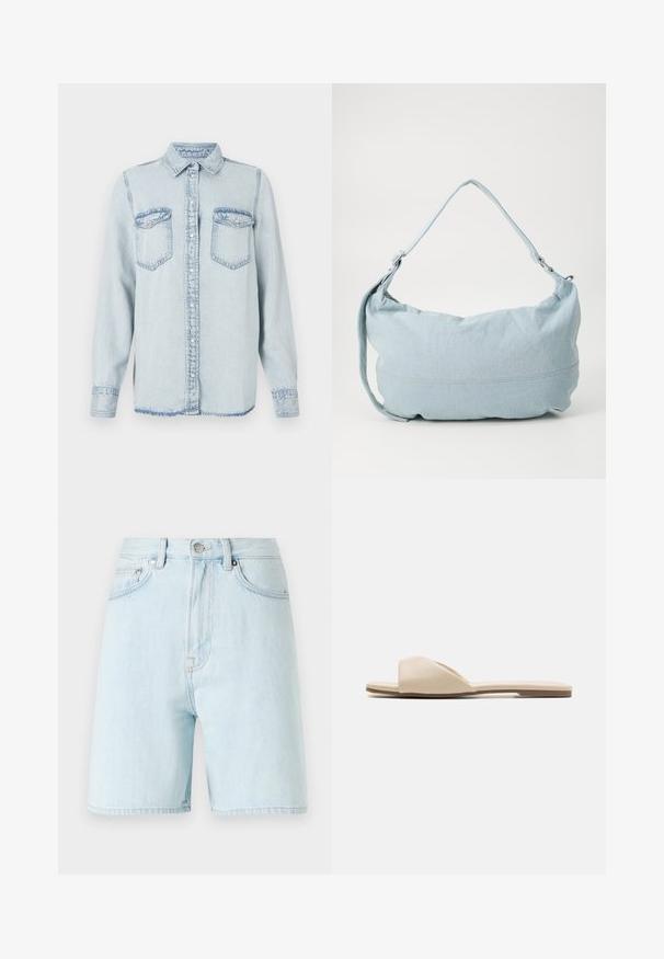 Lysblå denimskjorte med spids krave, knaplukning og to brystlommer. Har en syet detalje og en let frynset kant.; Lyseblå denimshorts med høj talje, fem-lomme design og messingknaplukning. Har diskrete syninger og rå kanten.; Flade sandaler i blødt beige materiale, med åben tå design, glat struktur og minimalistisk form med en lysbrun sål.; Lysblå denim skuldertaske i en rund form, justerbar rem og diskret syning langs den nederste kant. Blød tekstur.