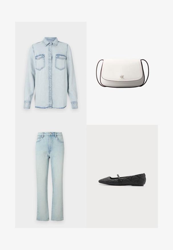 Lysblå denimskjorte med spids krave, knaplukning og to brystlommer. Har en syet detalje og en let frynset kant.; Lyseblå jeans med høj talje og lige ben, med forreste knap, bæltestropper og klassisk femlomme design mod en ensfarvet baggrund.; Sort flad sko med spids tå, quiltede geometriske mønstre og en tynd rem over vristen på en ensfarvet baggrund.; Hvid skuldertaske med klaplukning, lille sølv "cK" logo i midten og tynd, justerbar, mørkebrun rem.