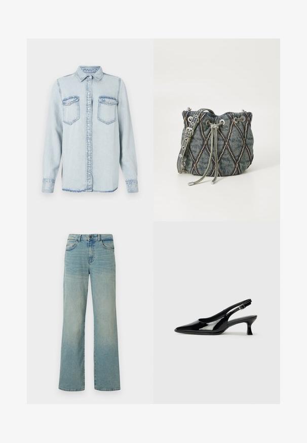 Lichtblauwe spijkerblouse met een puntige kraag, knoopsluiting aan de voorkant en twee borstzakken. Heeft gestikte details en een licht uitgerafelde zoom.; Lichtblauwe denim jeans met een hoge taille, wijde benen en een klassiek vijf-pocket ontwerp. Voorzien van subtiele vervaging en een knoopsluiting.; Zwarte lakleren slingback schoenen met een spitse neus en een lage blokhak. Verstelbare gespband bij de enkel.; Denim emmer tas met een diamant-quilt patroon, grijze trekkoordsluiting, zilveren hardware accenten en een zachte textuur, met een afneembare schouderband.