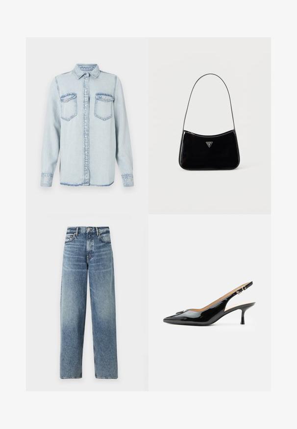 Lysblå denimskjorte med spids krave, knaplukning og to brystlommer. Har en syet detalje og en let frynset kant.; Lyseblå denimjeans med lige pasform, høj talje og subtile falmninger. Har fem lommer og knaplukning.; Sort patentlæder slingback hæl med spids tå, lille kitten hæl og sølvspænde på en ensartet hvid baggrund.; Sort skuldertaske i laklæder med tynd rem, trekantet Guess-logo foran og lynlåslukning i toppen.