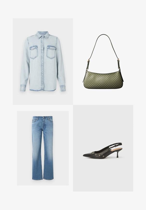 Lysblå denimskjorte med spids krave, knaplukning og to brystlommer. Har en syet detalje og en let frynset kant.; Lyseblå denimjeans med højtaljet, forknap og lynlåslukning, fem lommer og vidde ben.; Sort slingback-pumpe i læder med spids tå, lille hæl og dekorative metalakcenter langs frontåbningen. Glat tekstur.; Skuldertaske i olivengrøn med en slank rem og et lyst geometrisk mønster, med guldfarvede spænder på hver side.