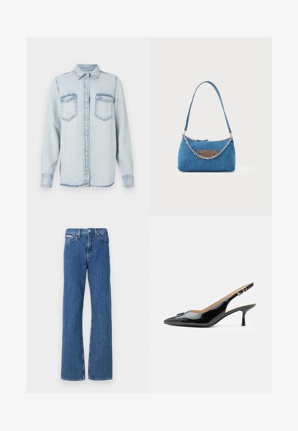 Lysblå denimskjorte med spids krave, knaplukning og to brystlommer. Har en syet detalje og en let frynset kant.; Blå denim jeans med lige ben-design, der har en mellemhøj talje, forlommer og diskrete falmede detaljer.; Sort patentlæder slingback hæl med spids tå, lille kitten hæl og sølvspænde på en ensartet hvid baggrund.; Lyseblå denim-håndtaske med en sølvkæde som rem, med orange "tommy jeans" broderi på forsiden og lynlås.