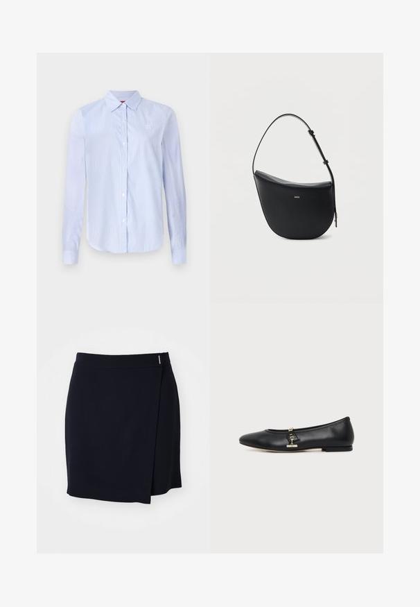 Camisa de botón de rayas azul claro y blanca con mangas largas, un cuello y bordado sutil del logo en el pecho. Textura suave.; Mini falda envolvente azul marino en una tela suave con una abertura lateral y un pequeño acento metálico en la cintura. Diseño limpio y minimalista.; Zapato plano de piel negra con puntera redondeada y pequeño detalle de hebilla dorada en el lateral, mostrado sobre un fondo claro y liso.; Bolso de hombro de cuero negro en forma de media luna, con correa ajustable y logo dorado "BOSS" centrado en el frente.