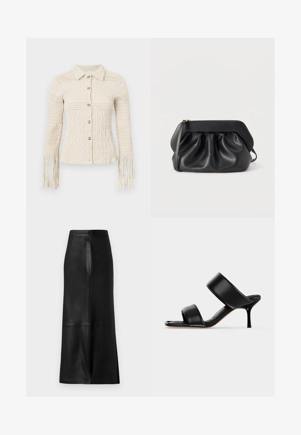 Chemise tricotée crème à boutons, avec un motif texturé, un col et des manches à franges. Comprend des boutons métalliques et une coupe ajustée.; Jupe en cuir noir avec une silhouette droite, dotée d'une fente arrière, d'une texture lisse et de détails de couture visibles.; Sandale mule en cuir noir avec deux larges brides et un talon stiletto fin de hauteur moyenne sur un fond clair uni.; Pochette en cuir noir avec une structure rigide, des détails froncés et une fine lanière de poignet sur fond blanc.