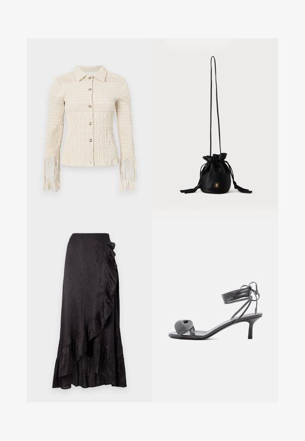 Chemise tricotée crème à boutons, avec un motif texturé, un col et des manches à franges. Comprend des boutons métalliques et une coupe ajustée.; Jupe en satin noir avec un ourlet froncé et des détails sur le côté. Le motif léopard texturé ajoute un intérêt visuel. Silhouette longue et fluide.; Sandale à talon en cuir gris avec une bride nouée sur les orteils et des lacets enroulants autour de la cheville, sur un talon moyen et fin, sur fond blanc.; Sac seau noir à cordon avec une longue sangle fine et un petit logo carré doré sur le devant, présenté sur un fond uni.