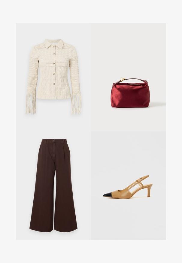 Chemise tricotée crème à boutons, avec un motif texturé, un col et des manches à franges. Comprend des boutons métalliques et une coupe ajustée.; Pantalons marron à taille haute et jambes larges avec fermeture à bouton et zipper, passants de ceinture et plis sur le devant.; Escarpins slingback couleur fauve avec embout pointu noir, côtés découpés et talon bloc de hauteur moyenne. Matière en cuir lisse.; Trousse de maquillage en satin bourgogne de forme rectangulaire, avec fermeture éclair et une poignée courte. Présente un design minimaliste et une texture lisse.