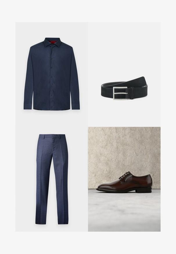 Chemise habillée bleu marine à manches longues avec col, six boutons noirs et coupe ajustée.; Pantalons habillés navy pour hommes, confectionnés à partir d'un tissu texturé, dotés d'une coupe ajustée, d'un devant plat et de deux plis nets le long des jambes.; Chaussure habillée en cuir brun foncé poli avec lacets flottant au-dessus d'un tapis beige, près d'un meuble arrondi de couleur ambre.; Ceinture en suède noir avec une boucle en métal argenté, au design plat et avec des coutures contrastées le long des bords. Texture lisse dans l'ensemble.