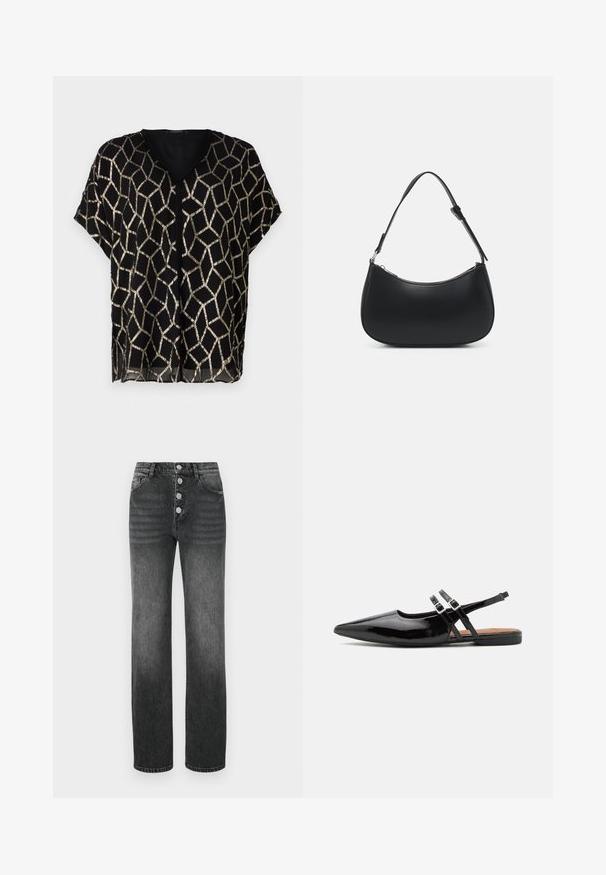 Blouse noire à manches courtes avec un col en V, présentant un motif géométrique doré métallique sur un tissu transparent. Design léger et ample.; Jean noir taille haute avec une jambe droite, un design à cinq poches et cinq boutons métalliques à la braguette. Texture en denim légèrement décolorée.; Des chaussures slingbacks en cuir verni noir présentent un bout pointu, deux sangles avec des accents de boucle, et une semelle plate.; Pieces PCALUANA SHOULDER BAG - Sac à main - black