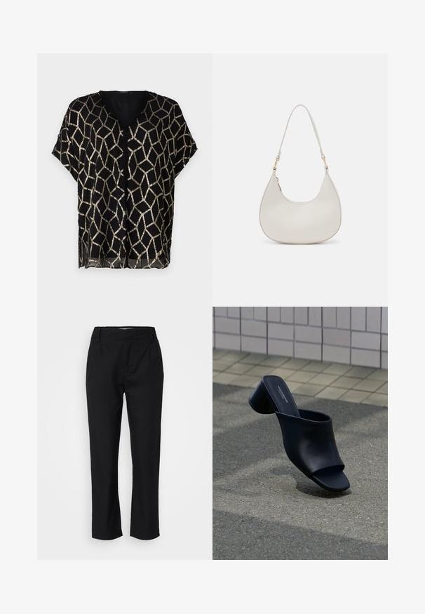 Blouse noire à manches courtes avec un col en V, présentant un motif géométrique doré métallique sur un tissu transparent. Design léger et ample.; Pantalon noir en tissu lisse, avec une coupe droite, des plis sur le devant et une taille élastique pour le confort. Pas de matériel visible.; Mule en cuir noir à bout ouvert avec talon bloc, positionnée sur l'asphalte près d'une surface carrelée en arrière-plan.; Sac épaule en cuir crème en forme de croissant, avec une fine sangle et des détails de coutures subtils. Design minimaliste avec des accents en métal doré.