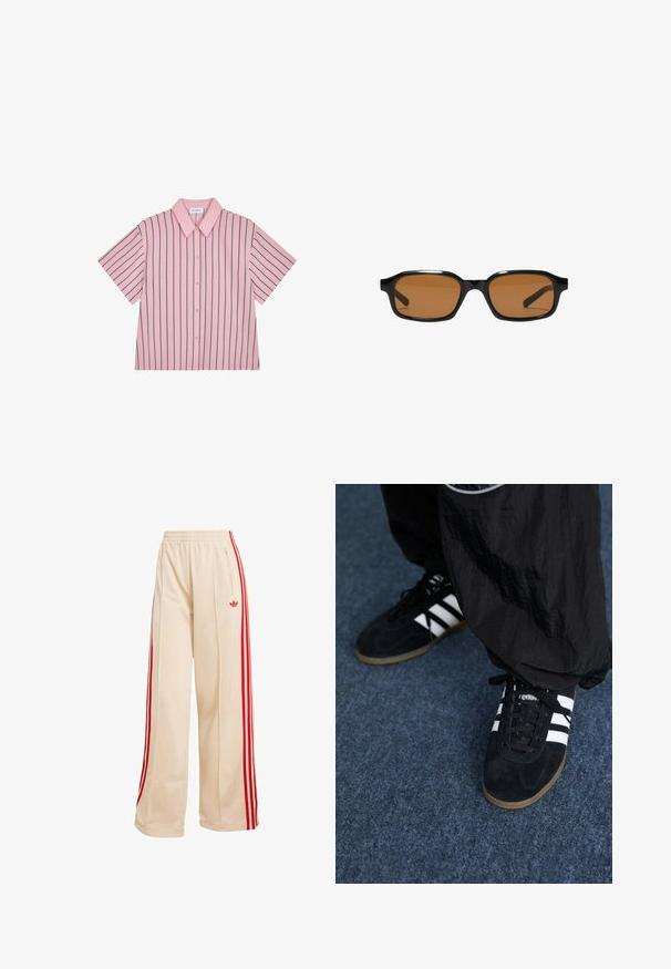 Kurzärmliges Hemd mit Kragen, rosa mit navy blauen vertikalen Streifen, Knopfverschluss vorne, glattes Material, lockere Passform und dezentes Markenschild auf der Rückseite.; Beige weit geschnittene Jogginghose mit elastischem Bund, roten Seitenstreifen, Reißverschlusstasche und rotem Adidas-Trefoil-Logo am rechten Oberschenkel.; Schwarze Wildleder-Sportschuhe mit drei weißen Streifen und schwarzen Schnürsenkeln. Eine strukturierte schwarze Hose ist teilweise neben den Schuhen sichtbar.; Schwarze rechteckige Sonnenbrille mit dickem Rahmen und braunen getönten Gläsern, von vorne auf weißem Hintergrund gezeigt.