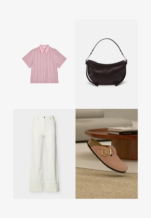 Camisa de manga corta con cuello, rosa con rayas verticales azul marino, cierre frontal de botones, tejido suave, corte relajado y una sutil etiqueta de marca en la parte posterior.; Jeans blancos de pierna ancha con cintura alta, botón y cremallera al frente, trabillas para cinturón, bolsillos delanteros y traseros, y dobladillos doblados.; Zapato rosa de un solo pie sin cordones, con hebilla dorada y suela negra, flotando sobre una alfombra beige texturizada, con una mesa de café de madera y libros al fondo.; Bolso de hombro de cuero marrón oscuro con forma curvada, textura suave y una sola correa ajustable. Cuenta con un cierre de cremallera.