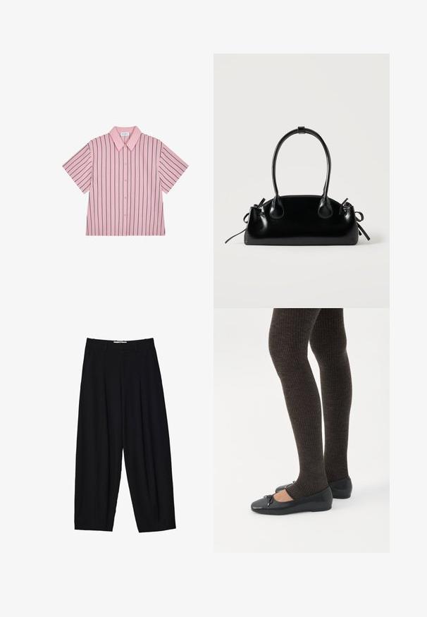 Korte mouw met kraag, roze met marineblauwe verticale strepen, knoopsluiting aan de voorkant, gladde stof, comfortabele pasvorm en subtiele merkaffichage op de achterkant.; Zwarte wijde broek van lichtgewicht stof, met voorplooien, een klassieke tailleband en zijzakken. Soepele textuur.; Benen met donkere geribbelde leggings gecombineerd met zwarte ballerina's met kleine strikdetails op een witte achtergrond.; Kleine zwarte glanzende handtas met twee lange hengsels en zijkant trekkoord details op een effen lichte achtergrond.