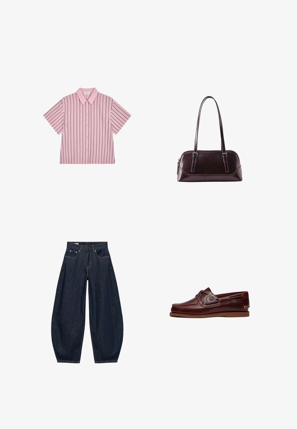 Kurzärmliges Hemd mit Kragen, rosa mit navy blauen vertikalen Streifen, Knopfverschluss vorne, glattes Material, lockere Passform und dezentes Markenschild auf der Rückseite.; Dunkelblaue Jeans mit weitem Bein, vorderen Taschen, Gürtelschlaufen und Knopfverschluss in der Taille.; Brauner Leder-Bootsschuh mit Schnürsenkeln, Nahtdetails und Timberland-Logo an der Seite, auf weißem Hintergrund gezeigt.; Dunkelbraune Lederhandtasche mit zwei langen Schulterriemen, Reißverschluss und dezenten Steppnähten auf weißem Hintergrund.