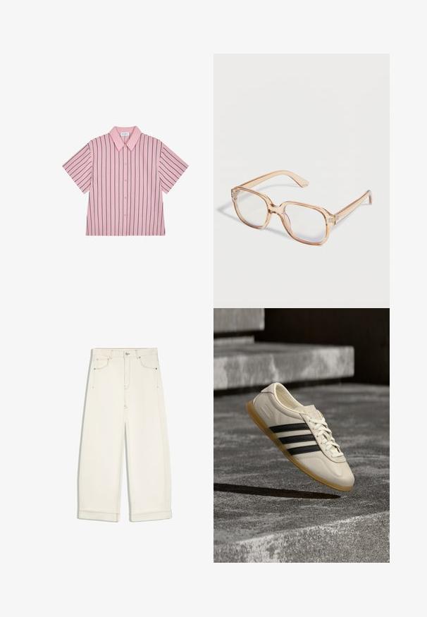 Korte mouw met kraag, roze met marineblauwe verticale strepen, knoopsluiting aan de voorkant, gladde stof, comfortabele pasvorm en subtiele merkaffichage op de achterkant.; Off-white wijde cropped broek met knoop aan de voorkant, rits, twee voorzakken en zichtbare bruine stiksels.; Witte sneaker met zwarte strepen en rubberen zool zwevend boven betonnen trap in zacht daglicht.; Doorzichtige lichtbruine rechthoekige brillenmonturen met heldere glazen, tentoongesteld op een witte achtergrond.