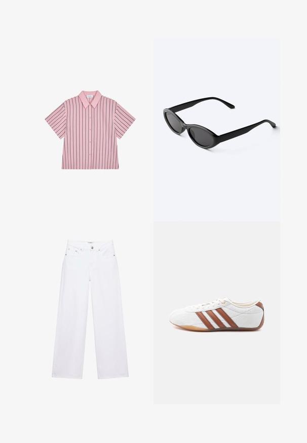 Korte mouw met kraag, roze met marineblauwe verticale strepen, knoopsluiting aan de voorkant, gladde stof, comfortabele pasvorm en subtiele merkaffichage op de achterkant.; Witte jeans met hoge taille en wijde pijpen, voorzien van knoop- en ritssluiting, voor- en achterzakken, en zilverkleurige klinknageldetails.; Witte lage sneaker met bruine leren strepen, veterluiting en een zool van gumrubber, gezien vanaf de binnenkant op een witte achtergrond.; Strakke zwarte ovale zonnebril met donkere glazen en rechte pootjes, rustend op een wit oppervlak.