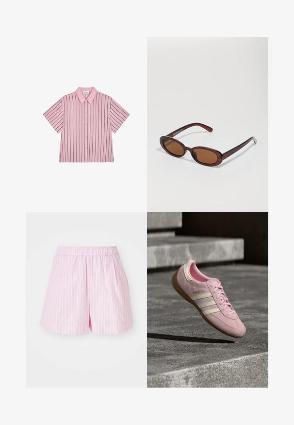 Kortermet rosa skjorte med knapper, svarte vertikale striper og spiss krage, lagt flatt på hvit bakgrunn.; Lys rosa shorts med hvite vertikale striper, med elastisk midje og løs passform, laget av mykt, lett stoff.; Rosa semsket joggesko med tre hvite striper, snøring, gummisåle og gullfarget logodetalj på siden. Myk tekstur med avrundet form.; Runde, brune solbriller med en blank burgunderfarvet ramme. Slanke arme med subtile brandingdetaljer. Flad linse design.