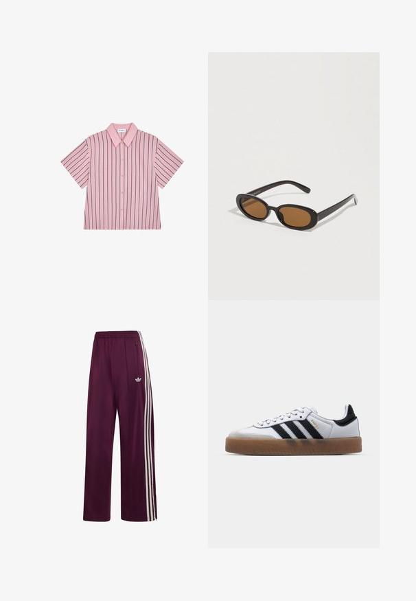 Korte mouw met kraag, roze met marineblauwe verticale strepen, knoopsluiting aan de voorkant, gladde stof, comfortabele pasvorm en subtiele merkaffichage op de achterkant.; Donkerrode Adidas trainingsbroek met elastische tailleband, drie witte zijstrepen, ritssluitingzak en geborduurd logo op de linker dij.; Witte leren sneakers met zwarte strepen, gumrubberen buitenzool, ronde neus, vetersluiting en een zachte grijze suède neuskap.; Zonnebril met ovale bruine glazen, zwarte kunststof monturen en dunne armen. Soepele textuur met een minimalistisch ontwerp.