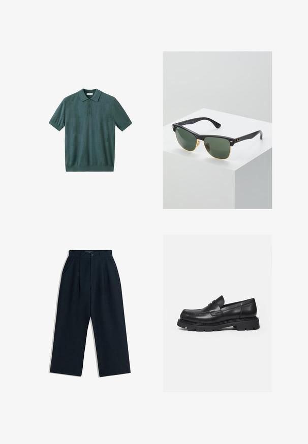 Polo en maille côtelée vert forêt à manches courtes avec trois boutons et un col, posé à plat sur un fond blanc.; Pantalons large en marine avec plis, poches latérales, passants de ceinture, fermeture à bouton et zip, posés à plat sur fond blanc.; Mocassin en cuir noir avec semelle épaisse crantée et détail de bride penny, présenté en profil droit sur fond blanc.; Lunettes de soleil Ray-Ban avec des verres verts, monture en plastique noir et accents dorés sur les bords. Forme carrée avec une finition mate.